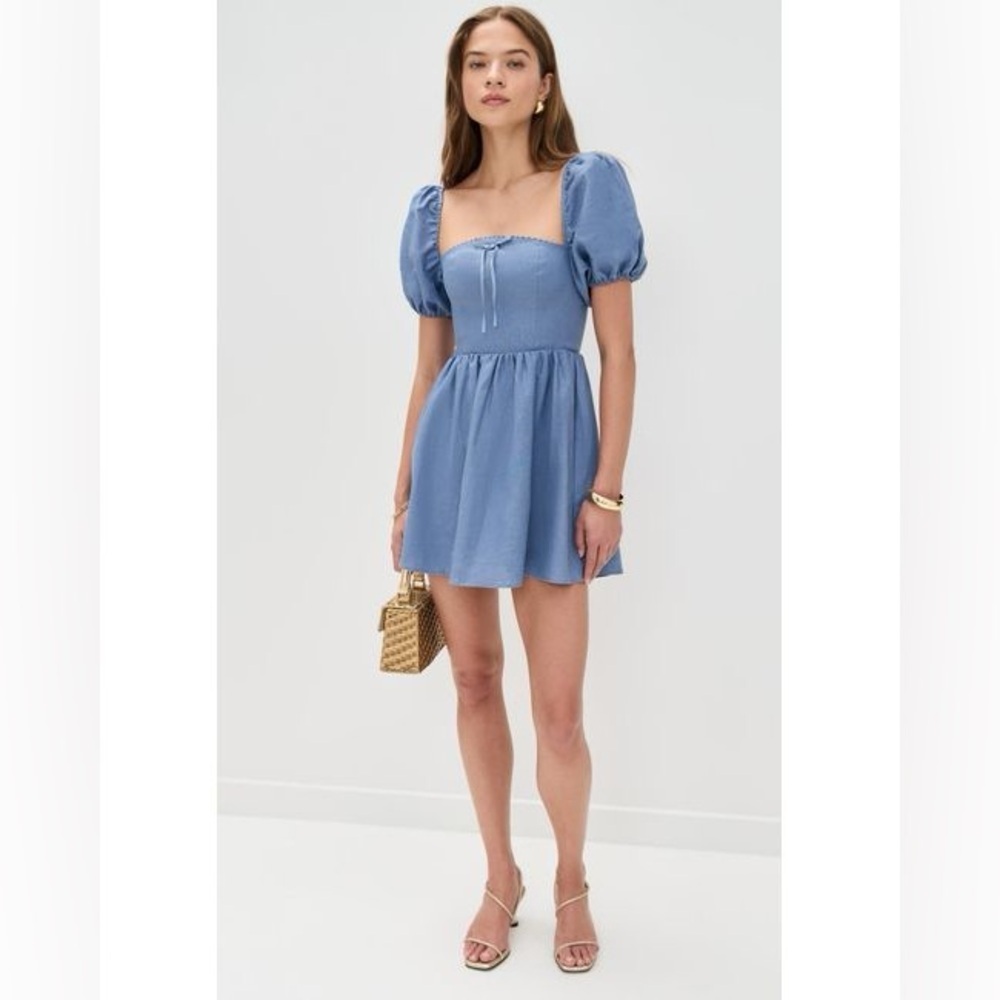 NEW NWT Reformation Malvina Linen Puff Sleeve Viola Mini Dress Blue Size 10